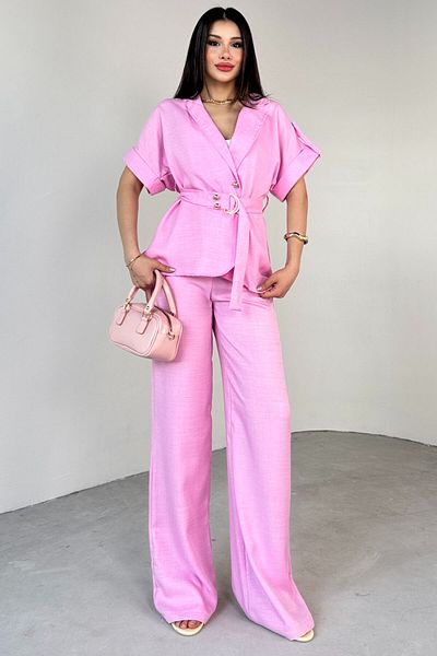 Cappmoda TKM-13293 Ροζ πέτο με μανίκια με κουμπιά Λεπτομερές πουκάμισο μπουφάν & φαρδύ παντελόνι Σετ δύο τεμαχίων