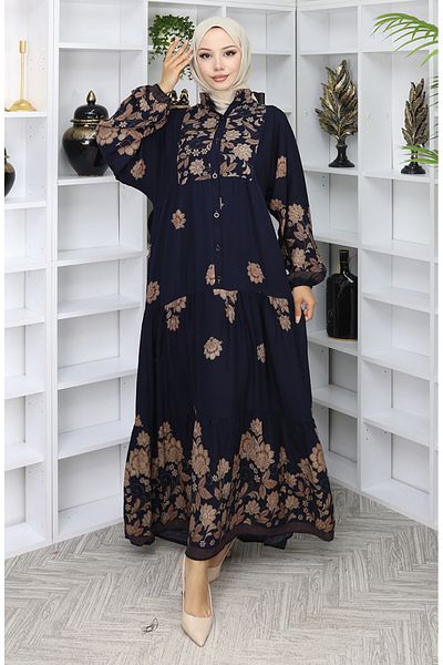 sefamerve Φόρεμα με σχέδιο από ύφασμα βισκόζης 2045-04 Navy Blue