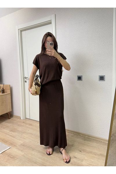 Kadınle Crew Neck Blouse Long Skirted Double Suit Knitwear - Brown