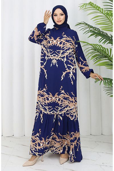 sefamerve Φόρεμα με σχέδιο από ύφασμα βισκόζης 2040-01 Navy Blue Mink