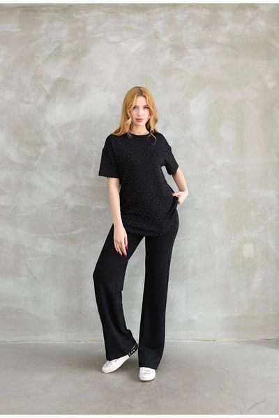 Kadınle Osy Modal Soft Textured Fabric Crew Neck Stone Detailed Short Sleeve Set - Black