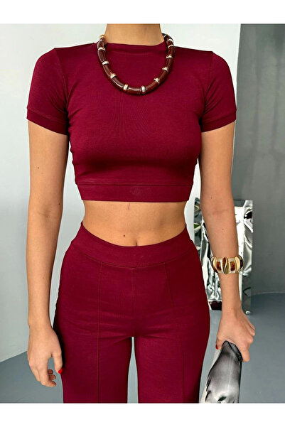 velmorafashion Velmora Osy Modal Soft Textured Crop Pantalon Two-Piece Set - Burgundy -