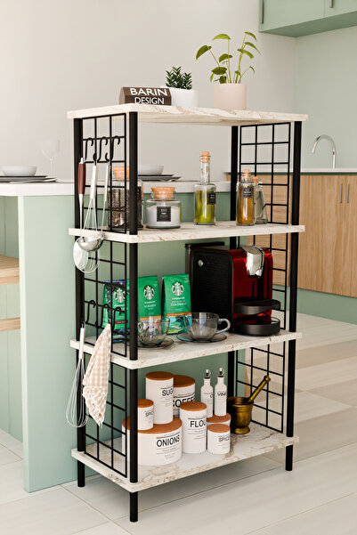 BARIN DESIGN 4 Katlı Metal Telli Raf Ünitesi Çevir Kur Sistemli Kahve Köşesi ve Mutfak Düzenleyici Raf Açık Dolap