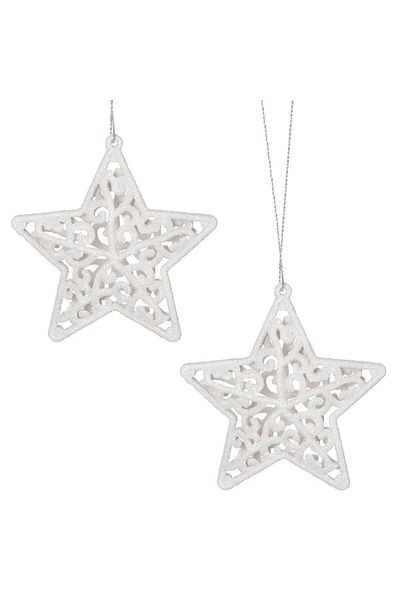 Springos Set of 2 Christmas tree decorations, star type, 8 x 8 cm, white with glitter