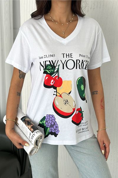 FEMELLE Tricou alb cu decolteu în V pentru femei, 100% bumbac, imprimat New York