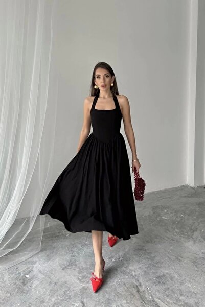 Modayakamoz Black Halter Linen Dress