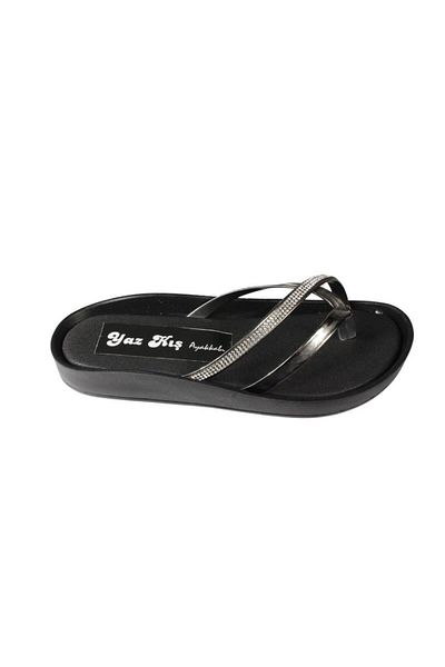 Yaz Kış Ayakkabı YAZKIŞ Women's Black Patent Leather Jewelled Flip Flops