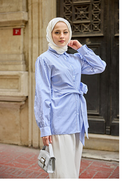 LOCCO Women's Side Tie Striped Shirt Blue