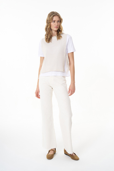 Quzu Λευκό διάτρητο πλεκτό γιλέκο μπλουζάκι