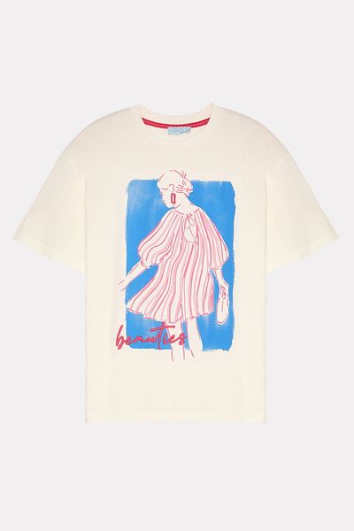 Quzu Ecru Gentle Printed Ladybug Sleeve T-Shirt