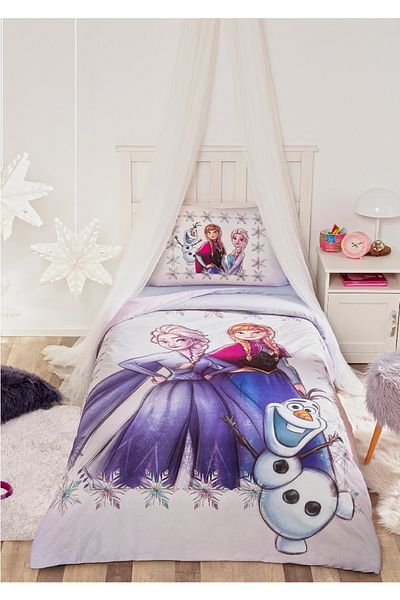 Özdilek Set cuvertură de pilota pentru copii, licențiat Özdiilek, cu cearșafuri montate - Frozen Frosted Elsa Lilac