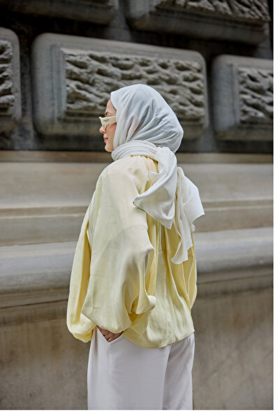 LOCCO Women's Blouse Collar Bat Shirred Cardigan Yellow