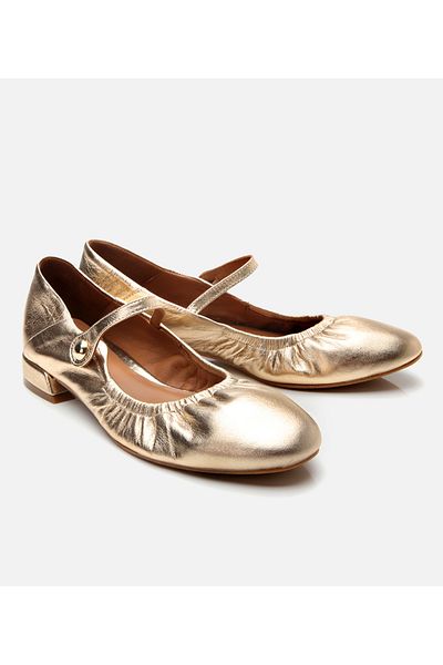 Hotiç Women's Leather Gold Mary Jane Buckle Ballerinas