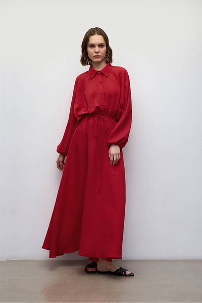BE BLUE RED WAISTED PATTERNED DRESS