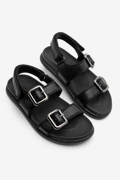 Marjin Women's Genuine Leather Back Velcro Gold Buckle Double Strap Daily Sandals Resun Black