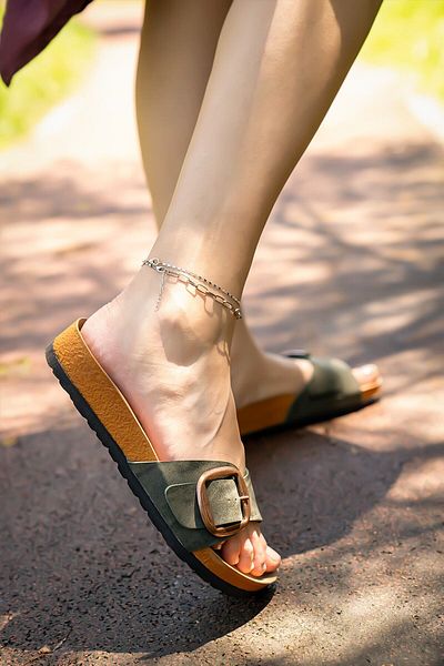 Shupe Women's Slippers Khaki Green Summer Buckle Adjustable Stylish Trend Slippers