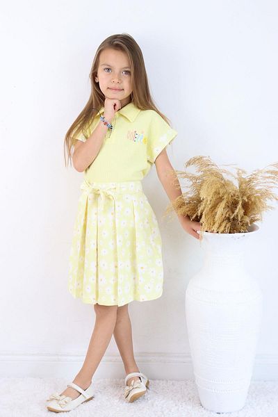 Çocuksan Baby&Kids Wear Girl's 2-Piece Set Summer Polo Neck Top Floral Yellow Skirt Stylish Casual Combination