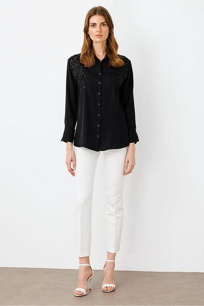 Moda İlgi Modailgi Stone Accessory Detailed Relaxed Cut Shirt Black