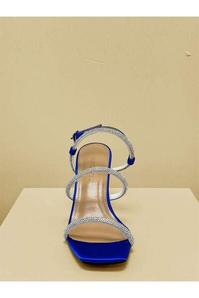 KRISTE BELL 6138 SAKS MAVİ SATEN 3 BANT TAŞLI KADIN ABİYE TOPUKLU KADIN AYAKKABI
