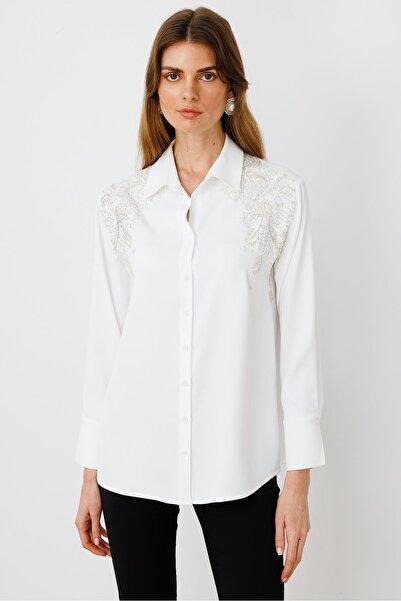 Moda İlgi Modailgi Taşlı Aksesuar Detaylı Rahat Kesim Gömlek Ekru