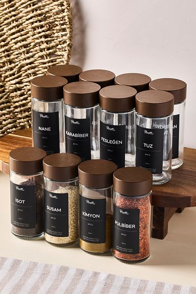 Perotti Raul Woody 12-Piece Minimal Acacia Lid Spice Rack Set 120ml-30 Pcs. Black-White Label Gift