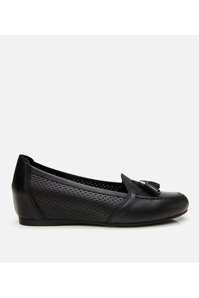 Hotiç Women's Leather Black Tassel Wedge Heeled Shoes