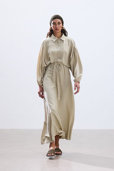 BE BLUE Beige Waist Shirred Dress