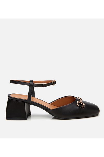Hotiç Women's Leather Black Buckle Open Back Heeled Shoes