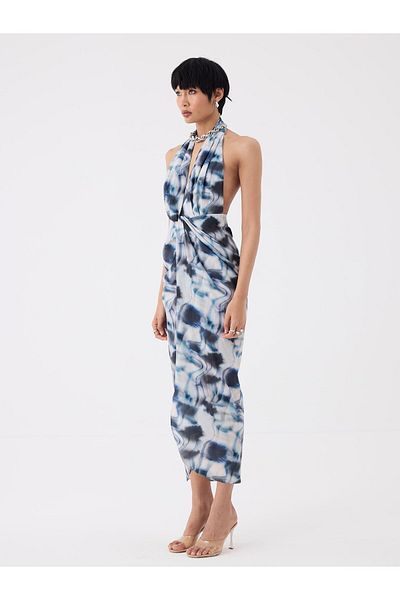 RİVUS Halter Neck Dress with Twisted Front Slit Detail - Blue Patterned