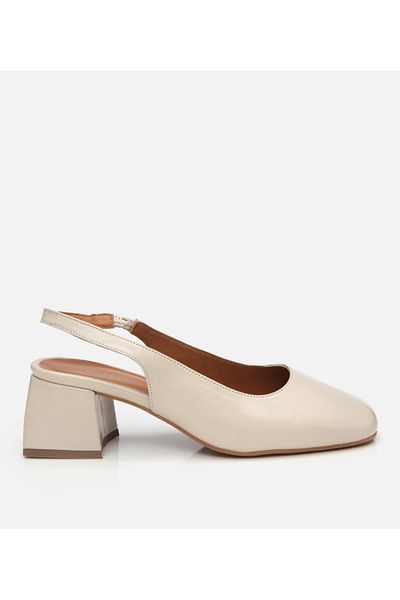 Hotiç Women's Leather Beige Open Back Thick Heeled Shoes