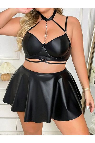 randevu Σετ εσώρουχα σουτιέν με φούστα Plus Size Δερμάτινη εμφάνιση