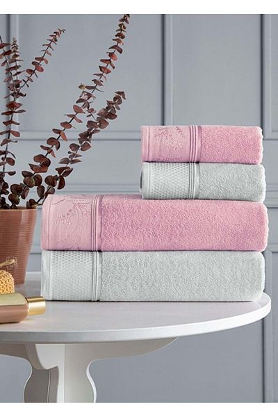 Özdilek 4 Piece Best Bath Set, Bath Towel Set-Ditsy Pink Gray
