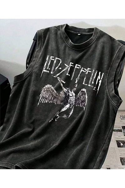 Touz Moda Μπλουζάκι Led Zeppelin Tank Top Crew Neck Washed Vintage Unisex Oversize T-shirt