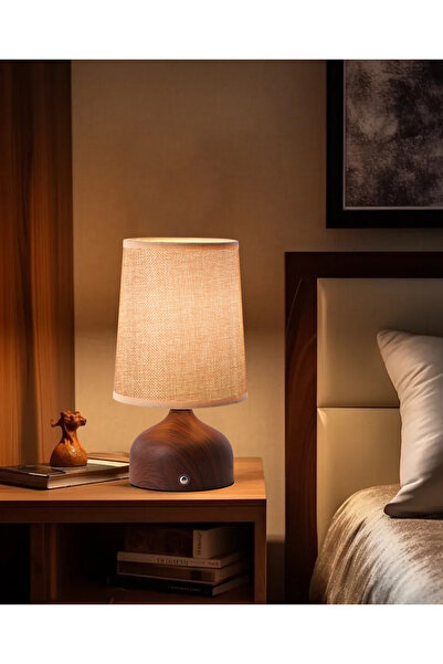 Apliqa Maite Ahşap Detaylı Pilli Kablosuz Dokunmatik Şarjlı Led Mantar Abajur Masa Lambası