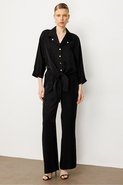 Moda İlgi Modailgi Mono Collar Bat Sleeve Front Tie Detailed Short Shirt Black