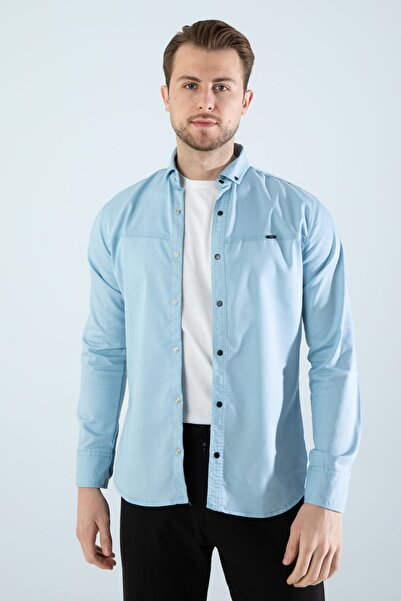 a02teks Мъжка дънкова риза без джобове с тясна кройка