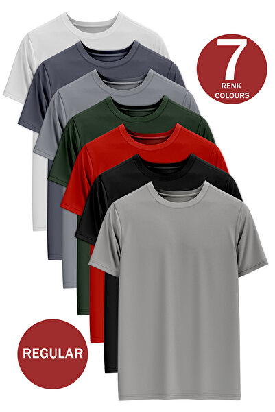 OXVİN Πακέτο με 7 μπλουζάκια ανδρικά κανονικά μαύρα λευκά χακί κόκκινο πέτρινο καπνιστό γκρι 100% βαμβάκι με λαιμόκοψη