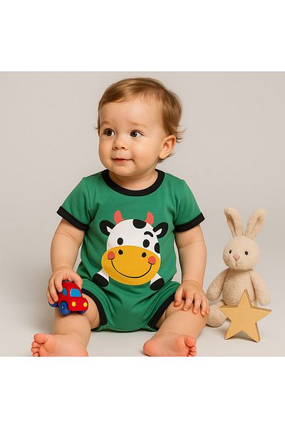 baume clothes Cow Animal Printed Cool Green Baby Jumpsuit (with Puppet Gift)