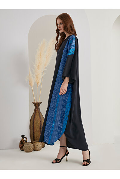 Store Wf V Yaka Jakarlı Lacivert Kaftan Elbise