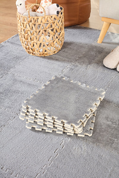 Kaşmir Halı Puzzle Mat Gri 30x30 Cm 4 Parça Bebek Çocuk Genç Odası Halısı