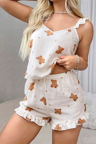 Sofya Passion Mini cămașă de noapte de vară cu pantaloni scurți cu bretele – Set drăguț de pijamale cu model ursuleț