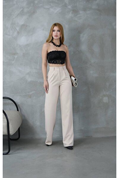 More Krem rengi kemerli palazzo pantolon