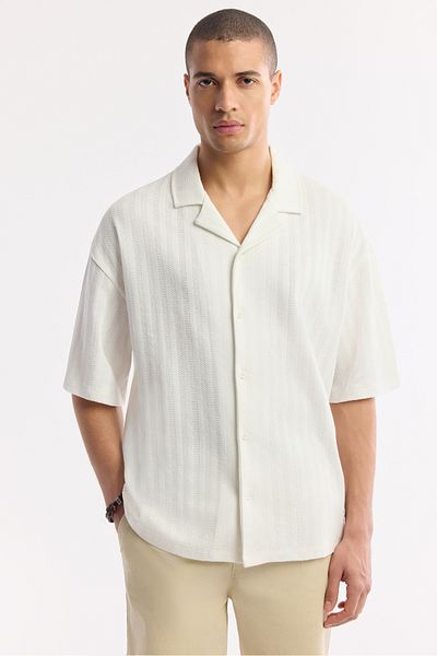 Avva Men's Ecru 100% Cotton Jacquard Apaj Collar Short Sleeve Knitted Shirt A51Y2218