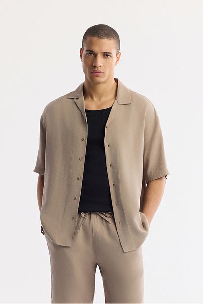Avva Men's Beige Oversize Fit Apaj Collar Modal Blended Short Sleeve Shirt A51Y2006