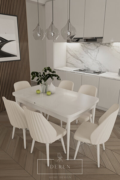 DEREN HOME Alfa Serisi, 80x132 Açılabilir Mdf Yemek Masası Takımı 6 Adet Krem...
