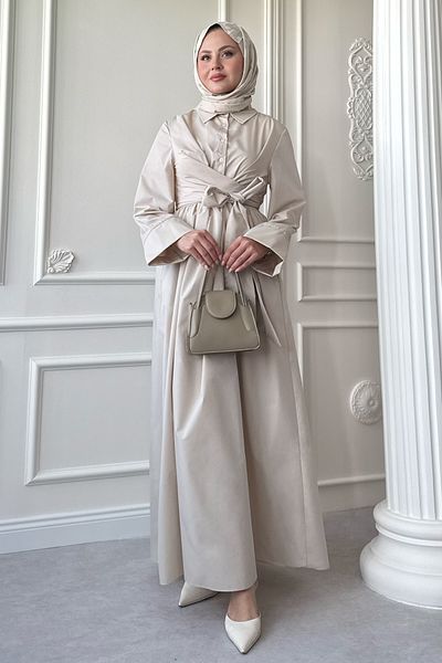 InStyle Wide Sleeve Binding Detail Poplin Stone Dress