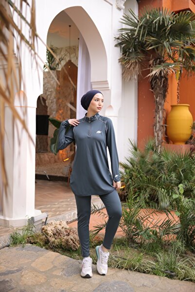 Wovi Kadın Yarım Fermuarlı Dalgıç Kumaş Kalıp Jogger Tesettür Mayo Kapalı