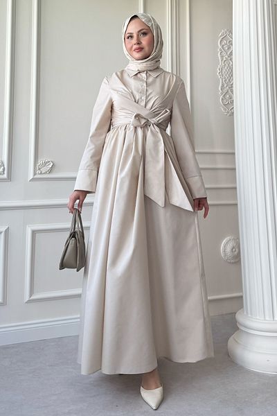 InStyle Wide Sleeve Binding Detail Poplin Stone Dress