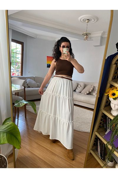 ronox Women's Summer Aerobin Fabric Elastic Waist Pleat Detailed High Waist Bohemian Style Long Skirt