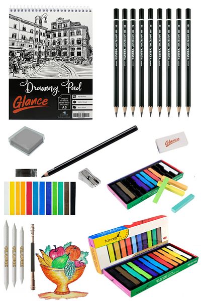 GLANCE Sketchbook A5 120 Gr 50 Yp Lyra Graduated Pencil Charcoal Derwent Academy Soft Pastel 12 Colors
